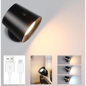 NETTLIFE LED Wandlamp - Binnen - Zwart - Dimbaar - met oplaadbare batterij - 360° Draaibaar - USB - Touch Control - Snoerloze wandlamp