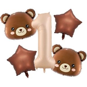 5-delige folie ballonset 1 met 2 bruine beren en 2 bruine sterren - 1 - eerste verjaardag - cakesmash - beer - bear - ster - bruin - folie - ballon
