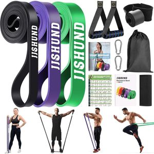 Fitnessbandenset, latex weerstandsbanden in 3 sterktes met handvatten, deurankers, karabijnhaken, beschermende vulling, draagtas, weerstandsbanden, gymnastiekband voor krachttraining, fitness, thuisyoga