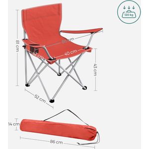 Campingstoelen, set van 2, klapstoelen, buitenstoelen met armleuningen en drankhouder, stevig frame, belastbaar tot 120 kg, rood