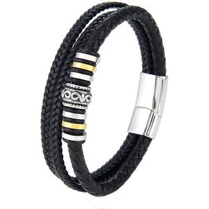 Armband Heren - Zwart Leer met Stalen Accenten - Leren Armbanden - Cadeau voor Man - Mannen Cadeautjes Accesoires