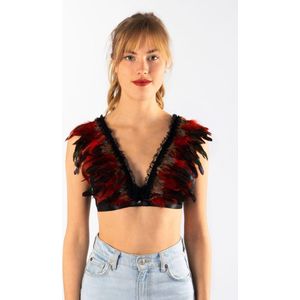 KIMU Top met Veren Rood Bruin - Maat XS S M - Verentop Steampunk Topje Veertjes - Hippie Bohemian Indiaan Sexy Circus Burning Man Volwassenen Carnaval Festival