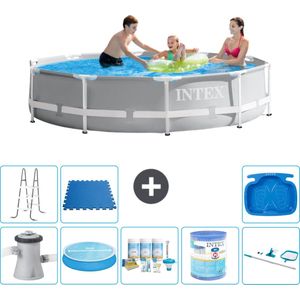 Intex Rond Prism Frame Zwembad - 305 x 76 cm - Grijs - Inclusief Pomp Solarzeil - Onderhoudspakket - Filter - Schoonmaakset - Ladder - Voetenbad - Vloertegels
