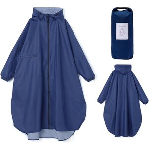 S&Dshopline® Lange waterdichte regenjassen voor dames, lichte regenponcho, opvouwbare outdoor-regenkleding met capuchon, windjack met mouwen en zak - Diepblauw.