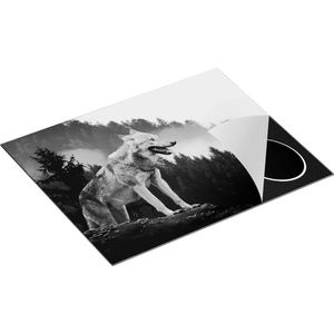 Chefcare Inductie Beschermer Grijze Wolf in de Bossen - Zwart Wit - 65x50 cm - Afdekplaat Inductie - Kookplaat Beschermer - Inductie Mat