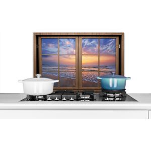 Spatscherm keuken 60x40 cm - Kookplaat achterwand Doorkijk - Strand - Zee - Muurbeschermer - Spatwand fornuis - Hoogwaardig aluminium
