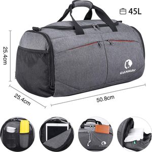 Opvouwbare sporttas, opvouwbare reistas met vuile vak en schoenenvak, lichtgewicht, voor mannen en vrouwen, grijs, 45 liter
