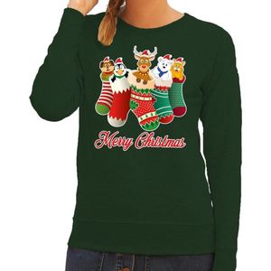 Foute Kersttrui / sweater kerstsokken met diertjes - Merry Christmas - groen voor dames XS