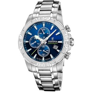 Festina F20704/4 Heren Horloge - Chronograaf - Mineraalglas - Roestvrijstaal/Leer - Zilverkleurig - Quartz - Gesp - 10 ATM (zwemmen)