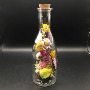 Droogbloemen in een fles met een kurk | decoratie | glas | droogbloemen in fles | boeket | bloemstuk | bloemen in glas | fleurig | fles met kurk | cadeau | gezellig | droogbloemen | vaas | vaasje | decoratie | woondecoratie | interieur | stolp