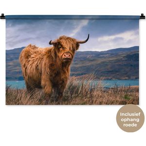 Wandkleed Schotse hooglander - Schotse hooglander bij een prachtig meer Wandkleed katoen 90x60 cm - Wandtapijt met foto