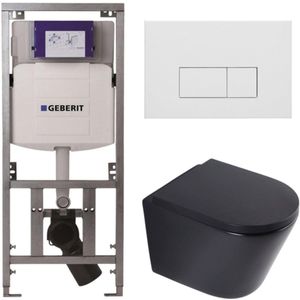 QeramiQ Dely Toiletset - 36.3x51.7cm - diepspoel - rimless - Geberit UP320 inbouwreservoir - softclose toilet zitting 35 mm - mat witte bedieningsplaat - rechthoekige knoppen - mat zwart