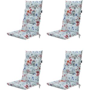 Madison tuinkussens - 4 stuks - Hoge Rug- Milly Indigo - 123x50cm - tuinstoelkussens - Wit - Blauw- Gebloemd - Met Lint -Extra Dik - Outdoor