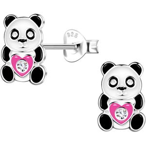 Joy|S - Zilveren Panda oorbellen - 6 x 9 mm - zwart wit met roze hartje - kristal - kinderoorbellen