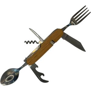 HEM 7-in-1 Camping Bestekmes – Multitool met Vork, Lepel, Mes, Kurkentrekker & Flesopener – Houten Handvat – Compact Outdoor Bestek voor Kamperen, Reizen & Hiking” Zakmes met bestek