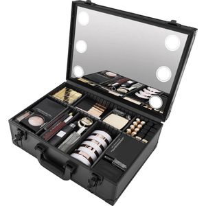 SureDeal® - Makeup Koffer - Spiegel - Led Verlichting - Organizer - Zwart - Beautycase - Vrouw Cadeau - 42x30x15 cm