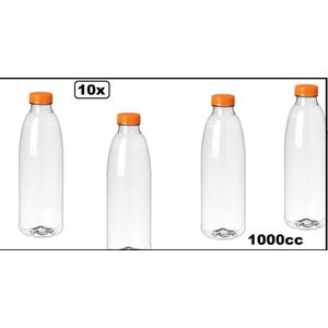 10x Flesje PET helder 1000cc met oranje dop - drinken jus sinas cola sappen dranken