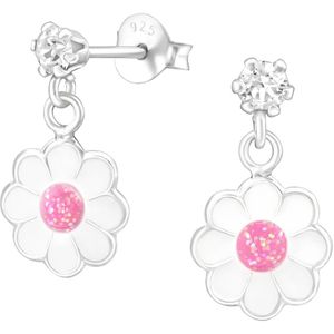 Joy|S - Zilveren madelief bloem bedel oorbellen - wit roze met glitter - Swarovski kristal