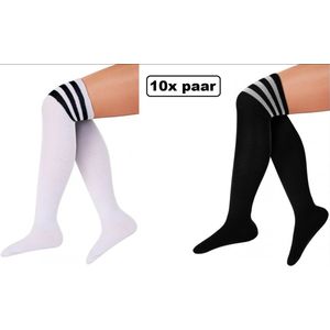 10x Paar Lange sokken zwart en wit met strepen - maat 36-41 - Lieskousen - kniekousen sportsokken cheerleader carnaval voetbal hockey unisex festival