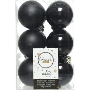 Decoris Kerstballen - 12 stuks - zwart - mat en glans - 6 cm