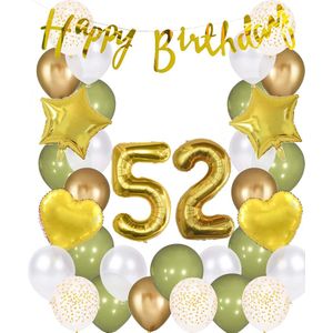 Snoes Ballonnen 52 Jaar Wit Olijf Groen Goud Mega Ballon - Compleet Feestpakket 52 Jaar - Verjaardag Versiering Slinger Happy Birthday – Folieballon – Latex Ballonnen - Helium Ballonnen - Olive Green Verjaardag Decoratie