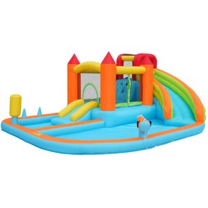 [Multifunctioneel springkussen voor buiten] Met blower, waterglijbaan + trampoline + basketbalring + waterpistool, 2 zwembadgebieden, 1 grote en 1 kleine glijbaan, voor droog en nat gebruik, een waterpark, opblaasbare grootte: 460*343*190cm