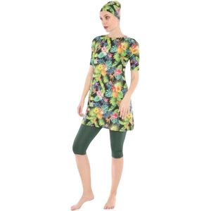 Burkini Islamitisch Zwempak- 3-delig Hijab Boerkini Badpak- Moslima Zwempak- Badmode- Vrouwen Badkleding Set 163- Groen/Bloemenprint- Maat 50