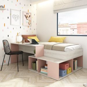 Combinatiebed 90 x 200 cm met opbergruimte en bureau - Kleur: houtlook en roze - RIGALI L 233.2 cm x H 100.5 cm x D 128.8 cm