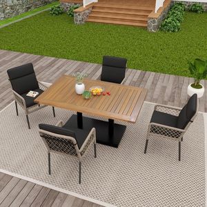 Pugsdrly 5-delige tuinset voor 4 personen, tafelblad van massief acaciahout, stoelen met PE-rotanbekleding, ideaal voor maaltijden in de tuin of op het terras