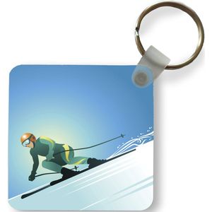 Sleutelhanger - Uitdeelcadeautjes - Een illustratie van een skiër op een steile piste - Plastic