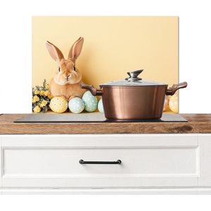 Spatscherm keuken 70x50 cm - Kookplaat achterwand Eieren - Konijn - Pasteltinten - Muurbeschermer - Spatwand fornuis - Hoogwaardig aluminium