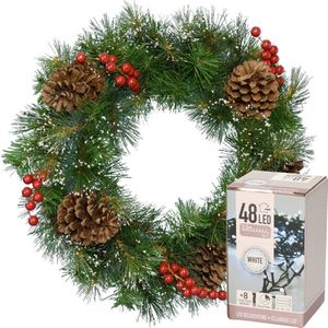 Decoris Kerstkrans - met decoratie en sneeuw - D50 cm - incl. verlichting helder wit