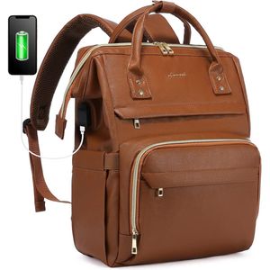 laptoptas 15.6 inch PU-leer bruin met gouden ritsen - met USB-oplaadpoort - waterdicht, dubbele ritsen - rugzak voor reizen, werk, kantoor, school - grote capiciteit veel vakken