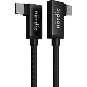 NÖRDIC USBC-N1124 - Supersnelle Haakse USB-C naar Haakse USB-C Nylonkabel - USB3.2 Gen2 - 10Gb/s - 100W stroom - 4K60Hz video - Met Emarker - 2m - Zwart