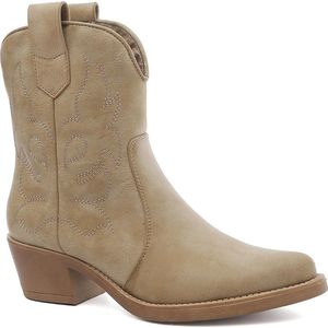 SmileFavorites® Dames Cowboylaarzen met Hak Kort - Khaki - Imitatieleer - Maat 40