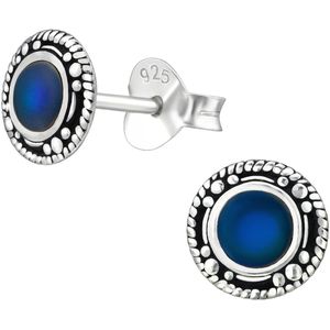Joy|S - Zilveren Bali ronde oorbellen - 6 mm - mood blauw bruin