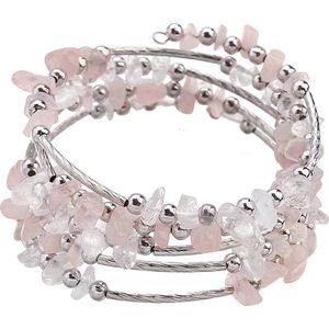 Edelstenen armband Wrap Rose Quartz Chip - roze - zilver - rozenkwarts - bergkristal - wikkelarmband