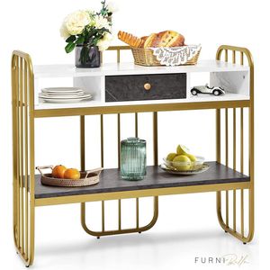 furnibella - Consoletafel, 2 niveaus, marmeren look, bijzettafel met lade, goudkleurig metalen frame, moderne salontafel