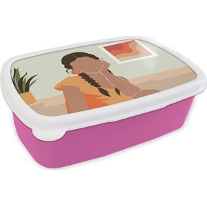 Broodtrommel Roze - Lunchbox - Brooddoos - Vrouw - Jurk - Zomer - 18x12x6 cm - Kinderen - Meisje