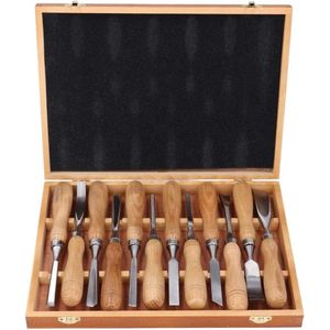 Houtsnijbeitels Professionele Houtbewerkingsgereedschapsset - 12 delig met Opbergdoos - Voor Houtsnijwerk met 12 Messen - Stalen Beeldbeitelset voor Beginners Hobbyisten