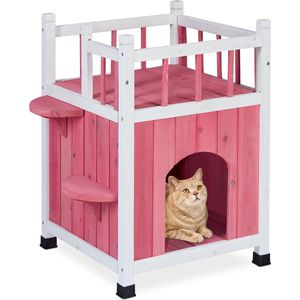 Relaxdays kattenhuis hout - groot kattenhok binnen - rood kattenmeubel buiten - grote kat