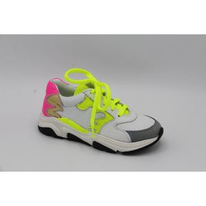 20506 Wit fluor yellow 'vlammen' runner Jochie Freaks (Maat - 31, Kleur - Wit)