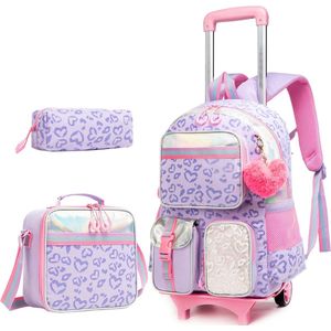 Schooltas met wieltjes, trolley, schooltas, rugzak, schoolrugzak, trolley, schooltrolley, schooltas, meisjes, grote trolley, schooltas, rugzak met wieltjes, voor meisjes en kinderen, Paars