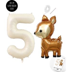 Snoes - Bambi Basis ballon set XXL Cijferballon Creme Nude 5 - Lief Hert + Cijfer Ballon 5 Jaar - Helium Geschikt