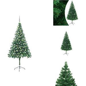 vidaXL Kunstkerstboom 210 cm - 910 takken - groen - met LED-verlichting - inclusief piek en kerstballen - Decoratieve kerstboom