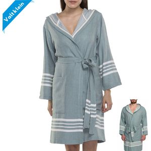 Hamam Badjas Sun Almond Green - Maat L - korte sauna badjas met capuchon - korte ochtendjas - korte duster - dunne badjas - luxe badjas - dames badjas