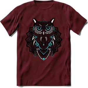 Uil - Dieren Mandala T-Shirt | Lichtblauw | Grappig Verjaardag Zentangle Dierenkop Cadeau Shirt | Dames - Heren - Unisex | Wildlife Tshirt Kleding Kado | - Burgundy - L