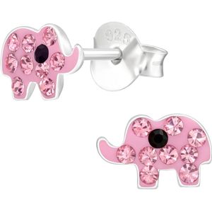 Joy|S - Zilveren olifant oorbellen - roze met roze kristal - 8 x 6 mm - kinderoorbellen