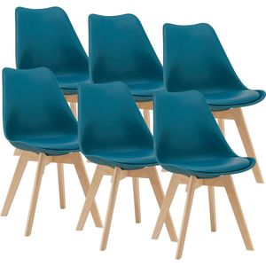 In And OutdoorMatch Eetkamerstoel Adella - Set van 6 - Imitatieleer en Beuken - Turquoise - Gestoffeerde Zitting - Modern Design