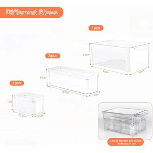 Koelkastorganizer, set van 7, stapelbare opbergdoos, koelkastdozen, containers, keukenorganizer met deksel en handvat voor keukens, koelkast, kasten, planken, badkamer, BPA-vrij